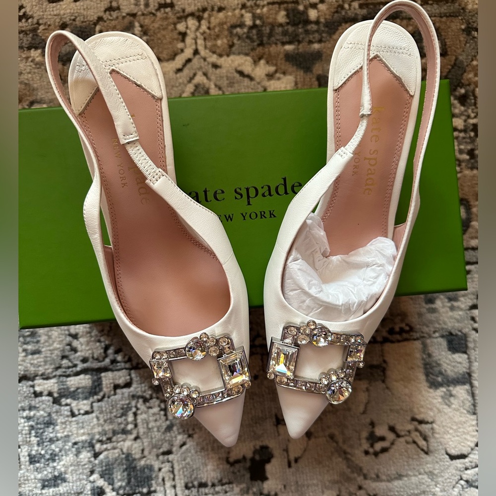 Kate Spade Ivory Slingback Heels with Crystal Buckle